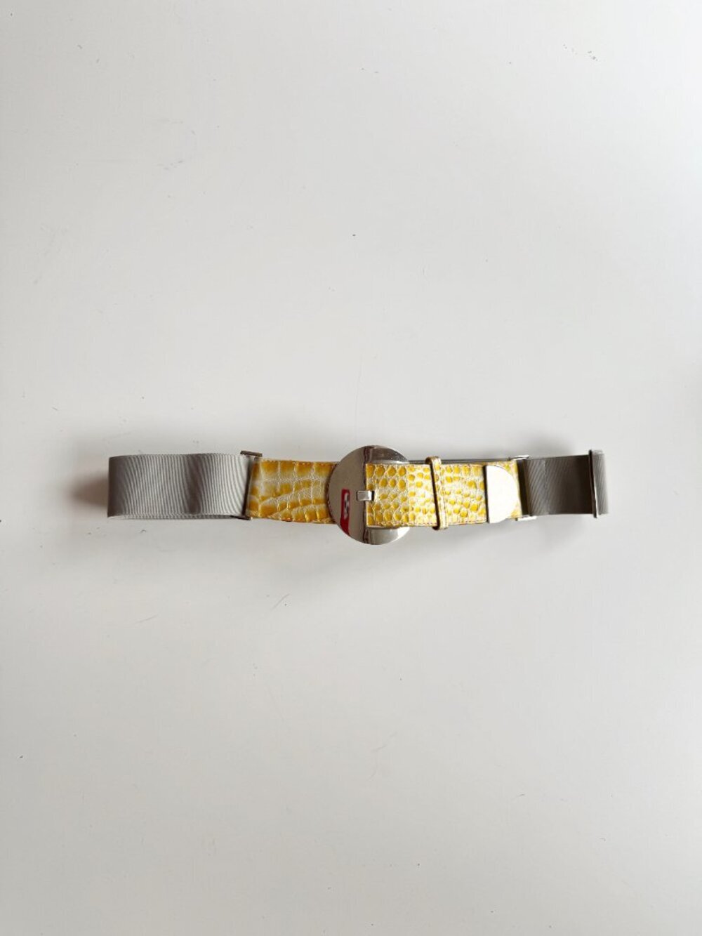 SUZI ROHER Yellow Patent Croc Embossed Leather Elastic Stretch Belt, Size S+